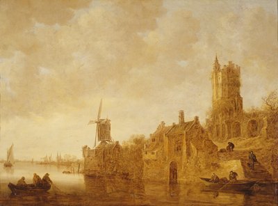 Rivierlandschap met molen en kasteelruïnes, 1644 door Jan Josephsz van Goyen